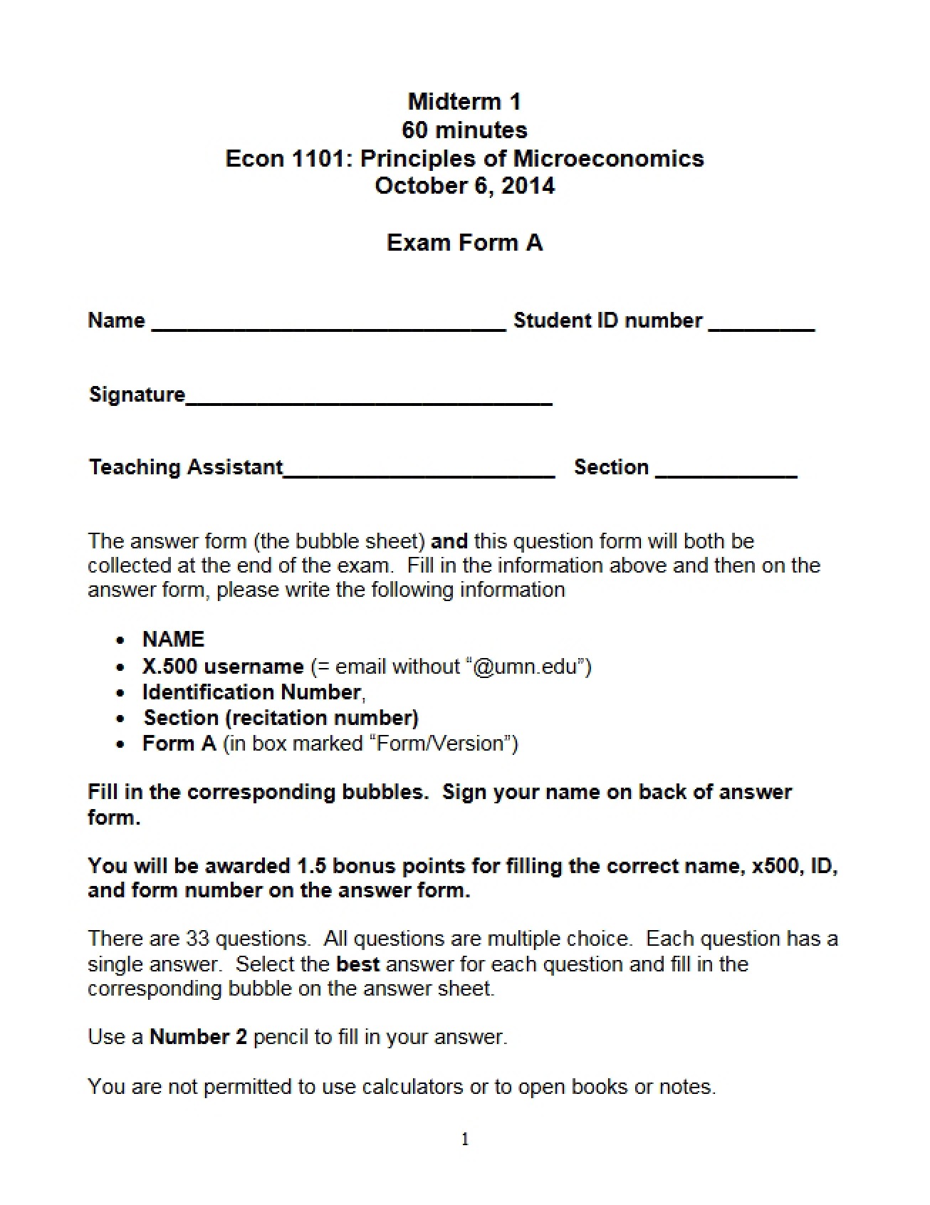 Midterm 1 Exam Paper 2014 (Form A)