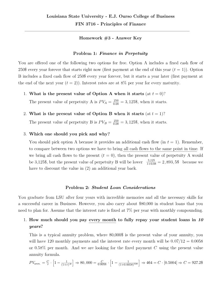 Present Value of Options A and B in Perpetuity Finance