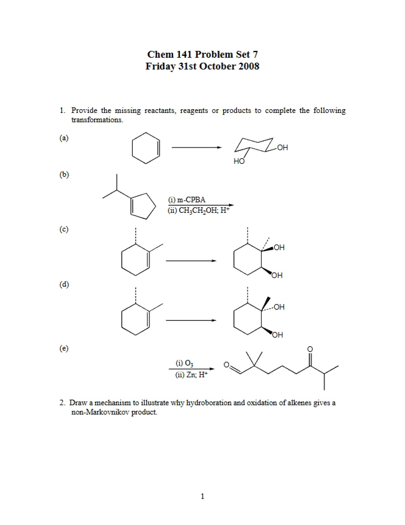 Organic Chemistry 1 Problem Set 7