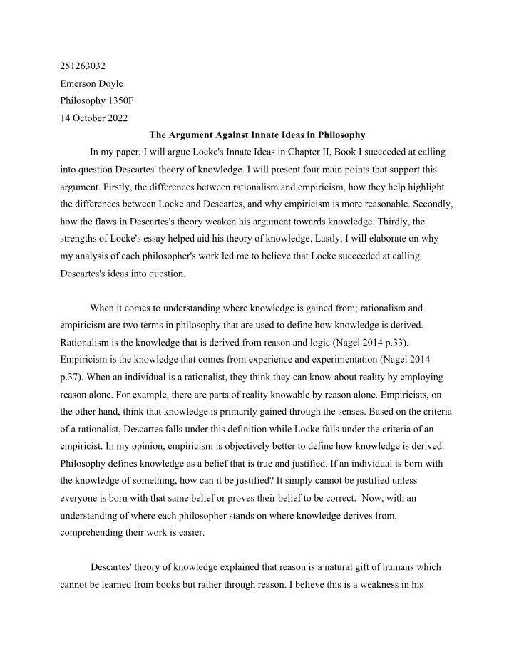 The Argument Against Innate Ideas - Locke's Perspective