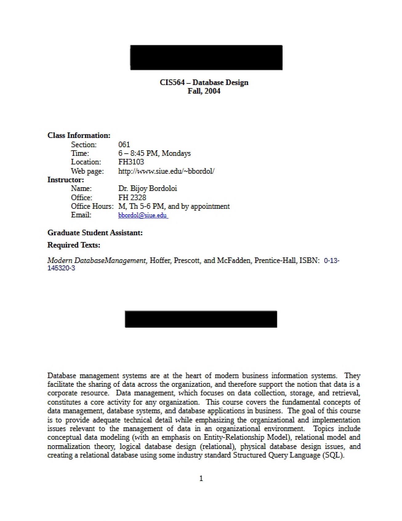 Database Design Course Syllabus