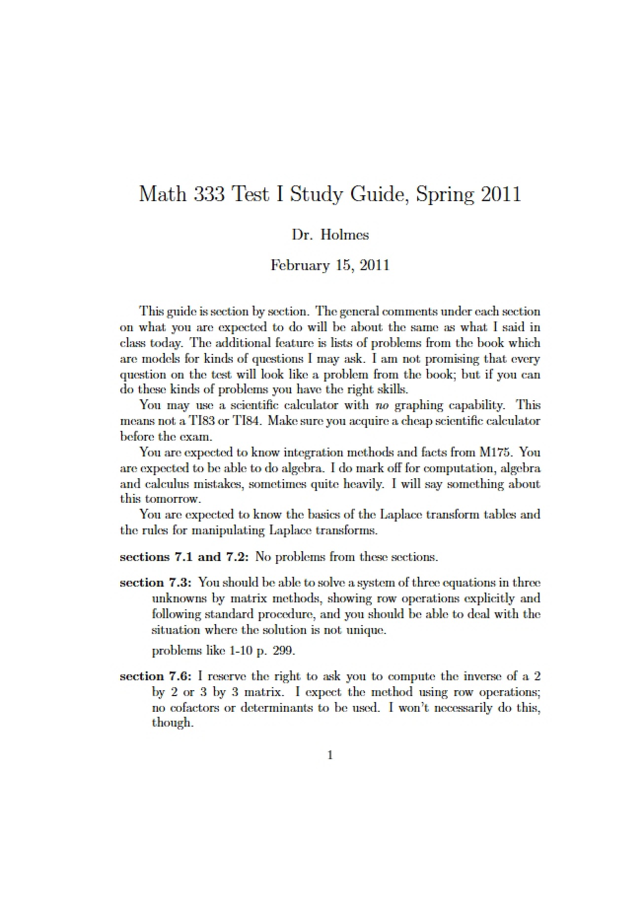 Study Guide for the First Test in Differential Equations