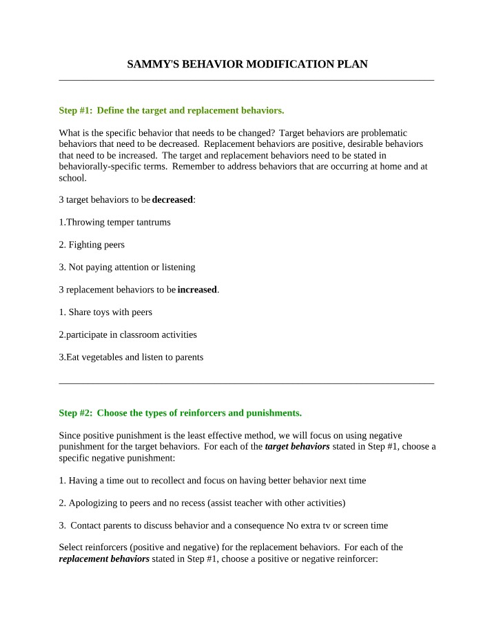 Sammy's Reward Chart and Behavior Modification Plan