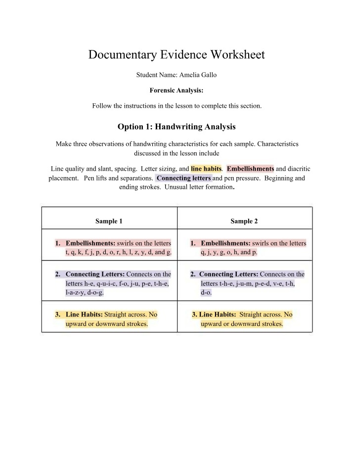 Worksheet on Documentary Evidence