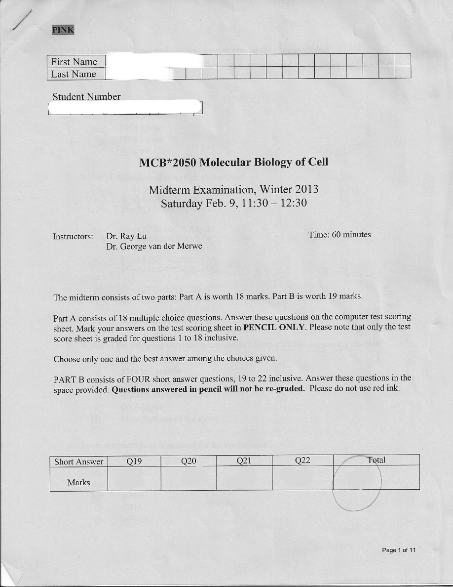 Molecular Biology of the Cell Midterm - Winter 2013
