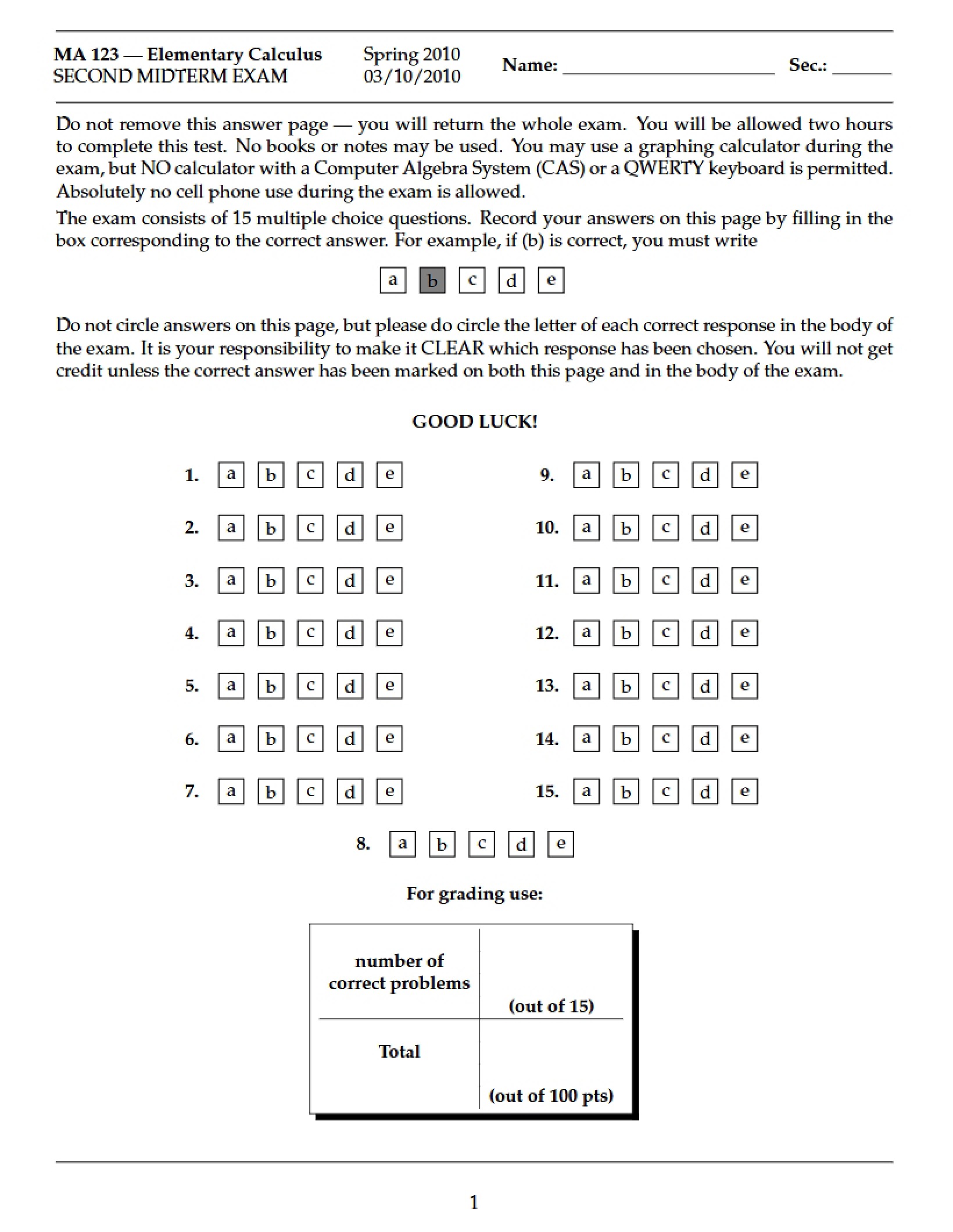 Second Midterm Exam Elementary Calculus