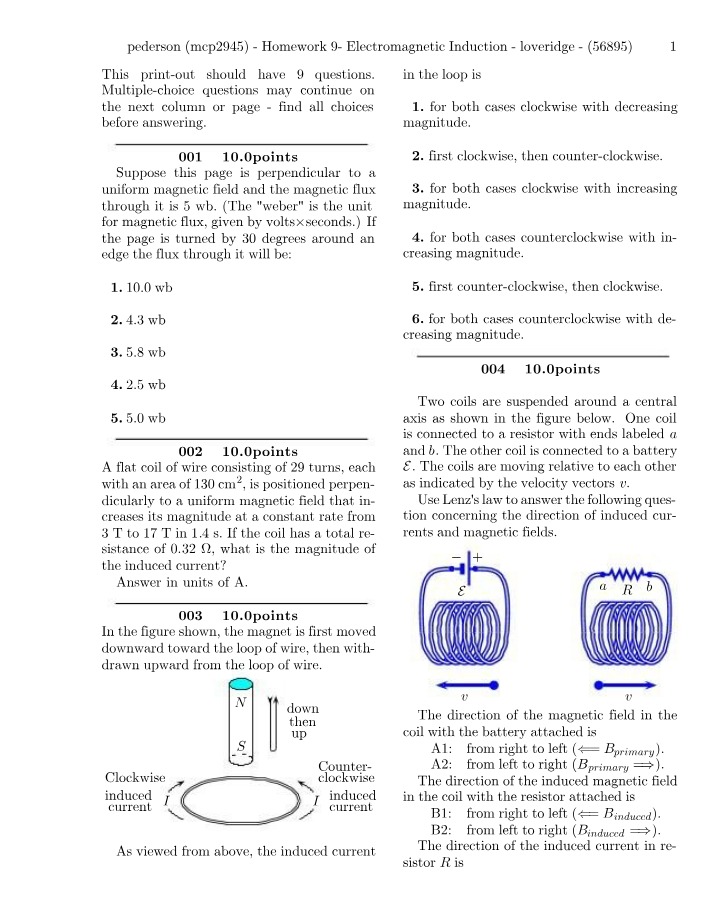 Electromagnetic Induction - Homework 9 Problems