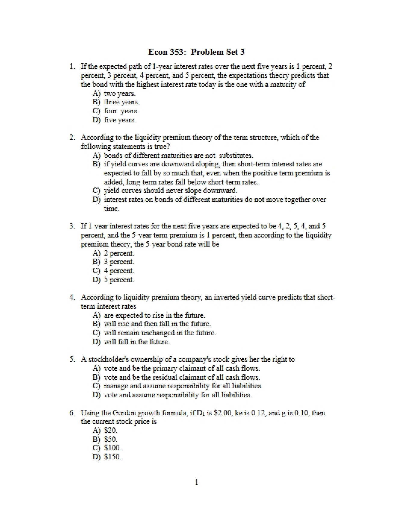 Third Problem Set for Money, Banking, and Financial Markets