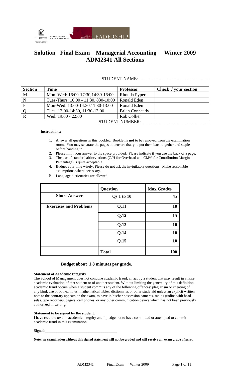 Winter 2009 Final Exam for ADM2341