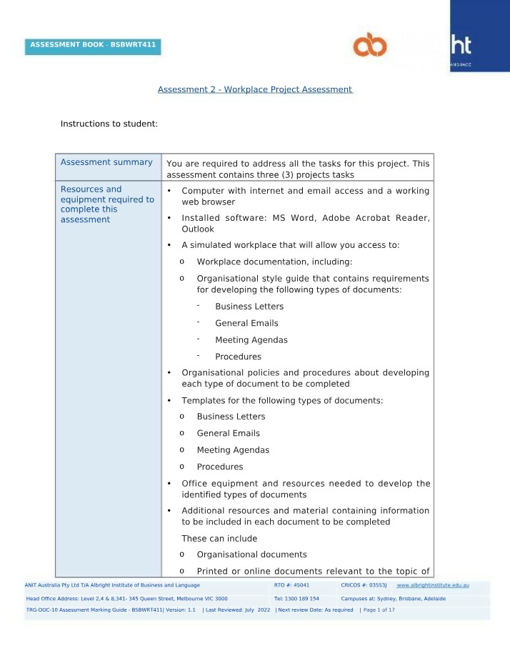 Workplace Project Assessment - Complete Tasks for BSBWRT411