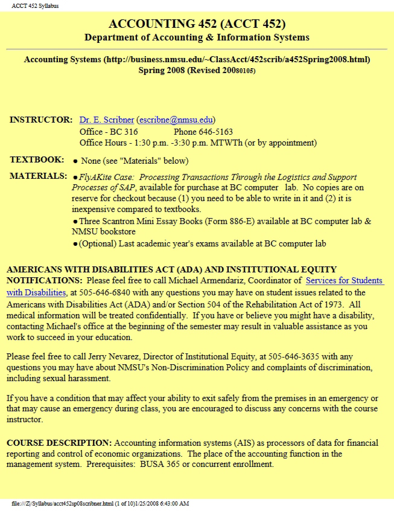 Accounting Systems Syllabus from Spring 2008 by Dr. Ed Scribner
