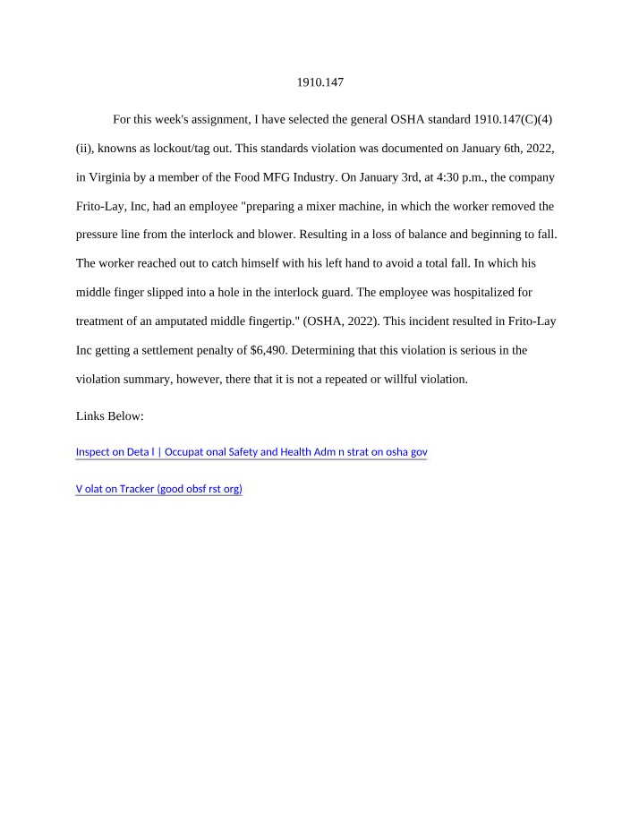 Lockout-Tag Out Violation Analysis - OSHA Standard 1910.147(C)(4)