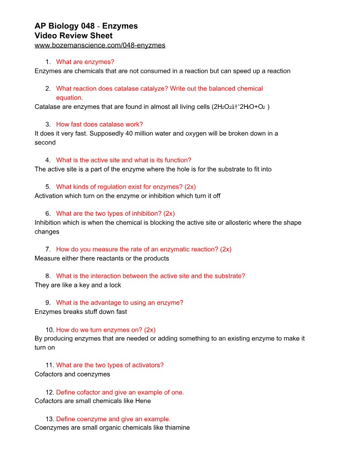 Review Sheet for Enzymes Video