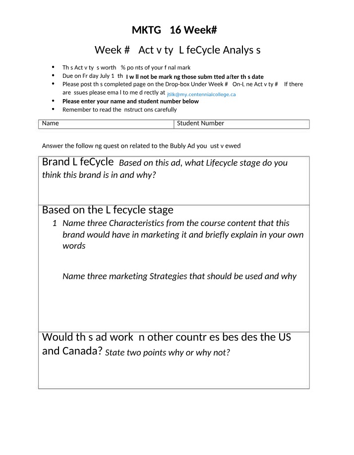 MKTG 716 Week 9 - LifeCycle Analysis Activity