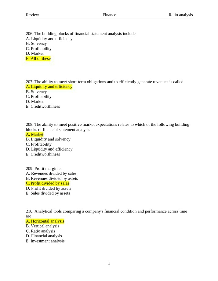 Solutions and Questions for Ratio Analysis