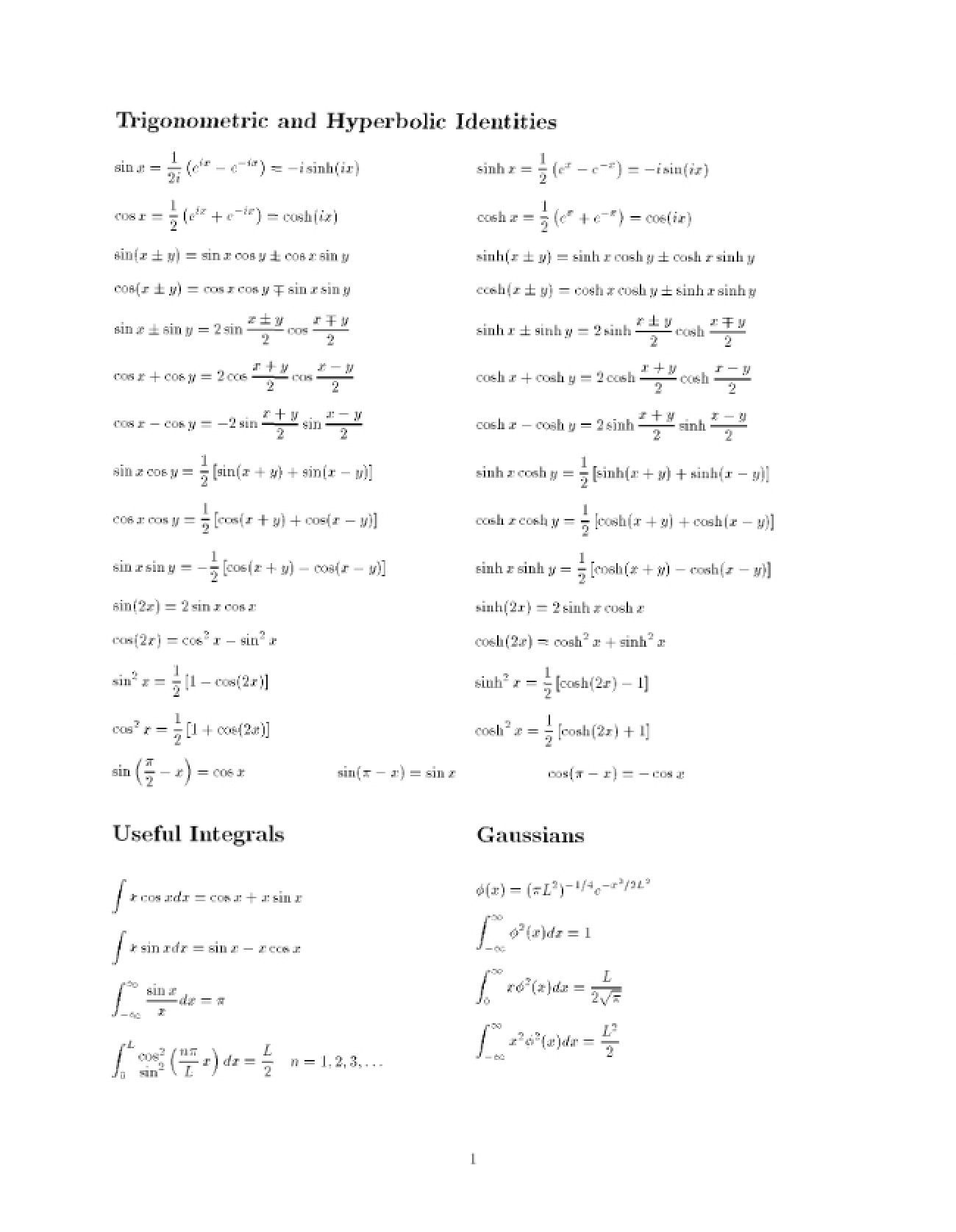 Hyperbolic and Trigonometric Identities Reference