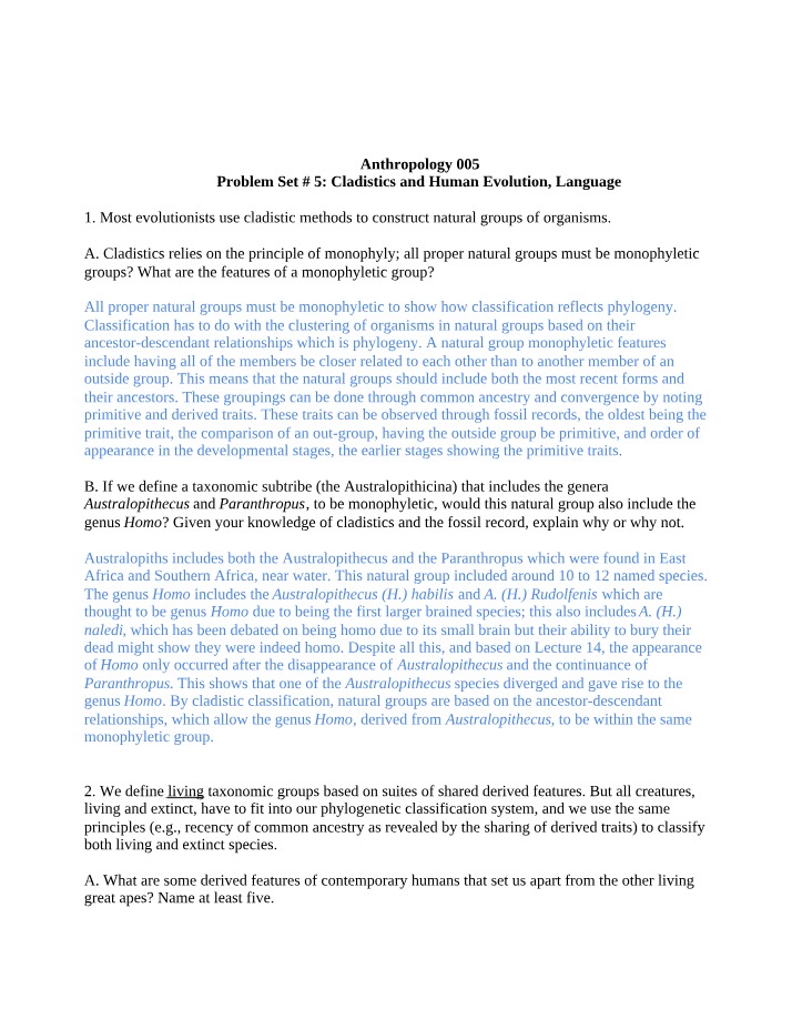 Problem Set 5 - Human Evolution, Language, and Cladistics