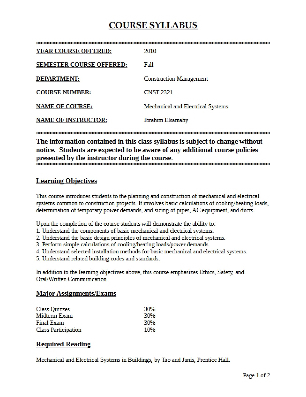 Mech & Elec Systems Syllabus