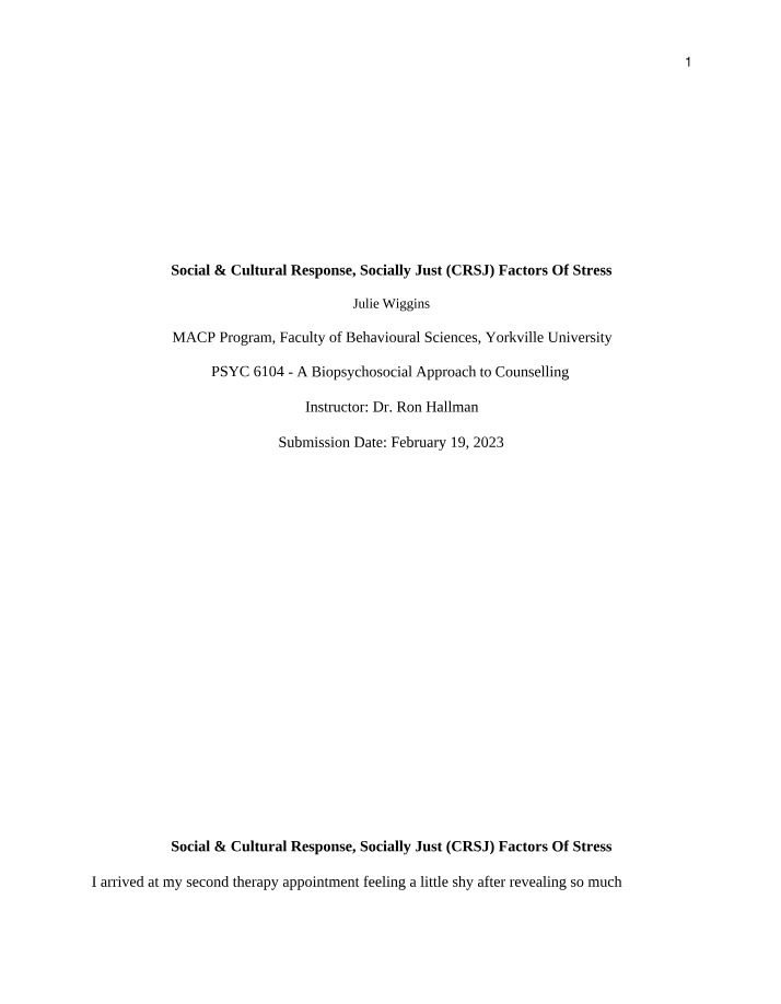 Social and Cultural Response to CRSJ Stress Factors