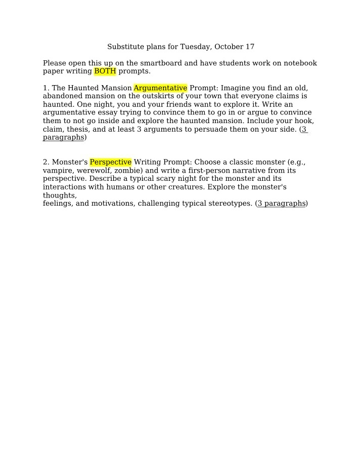 Persuasive Essay Prompts - Haunted Mansion and Monster's Perspective