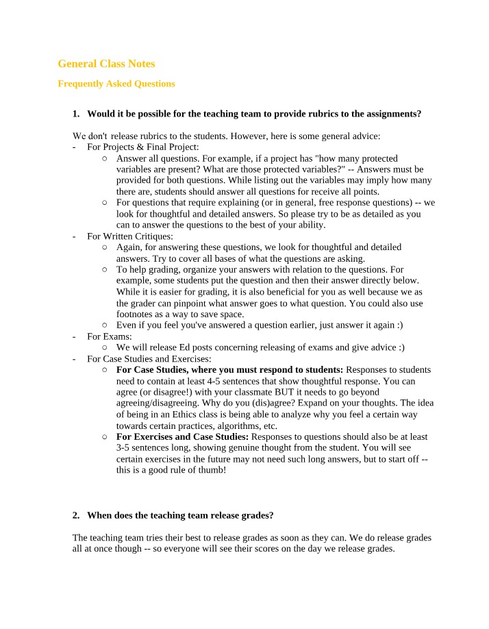 General Class FAQs - Rubrics, Assignments, Exams