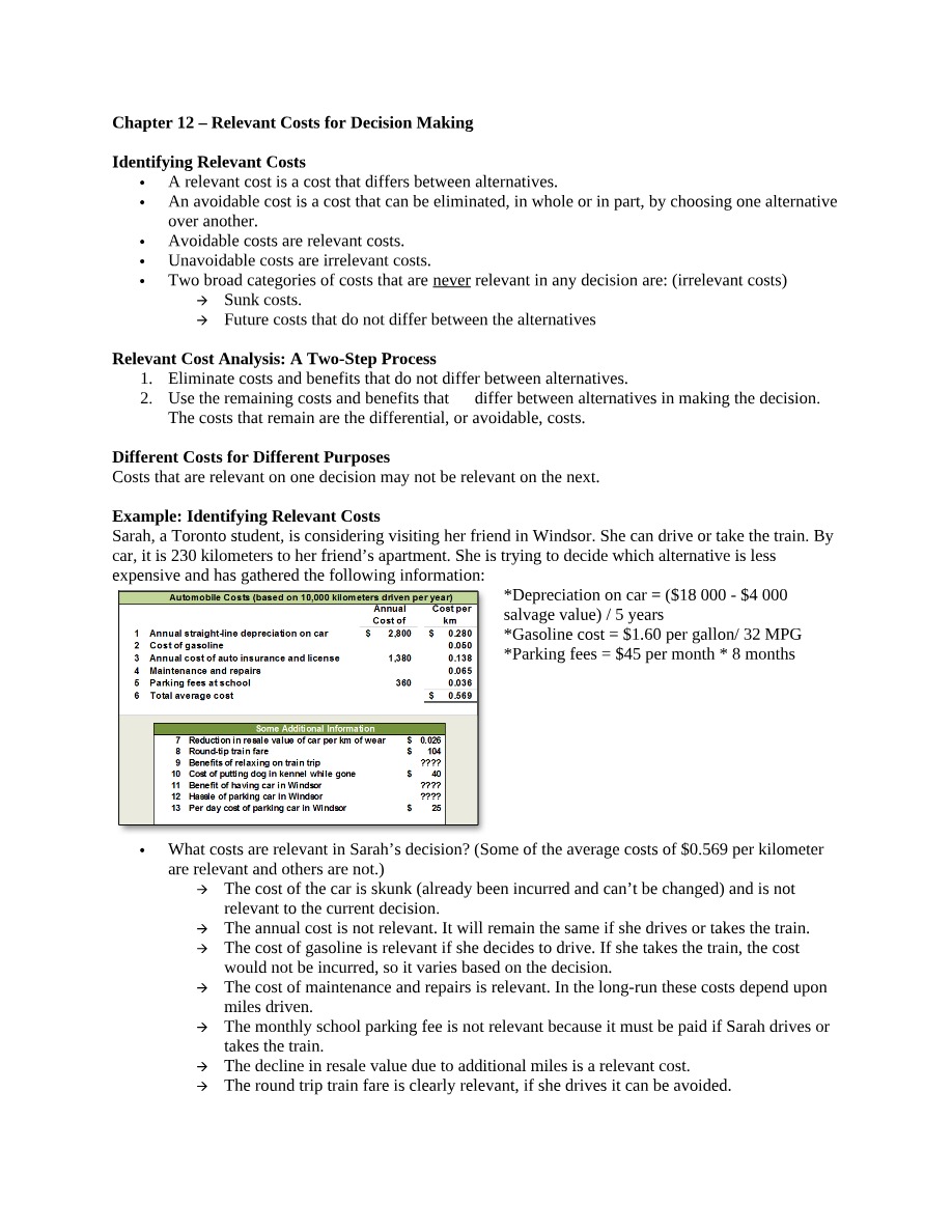 Notes on Relevant Costs for Decision Making