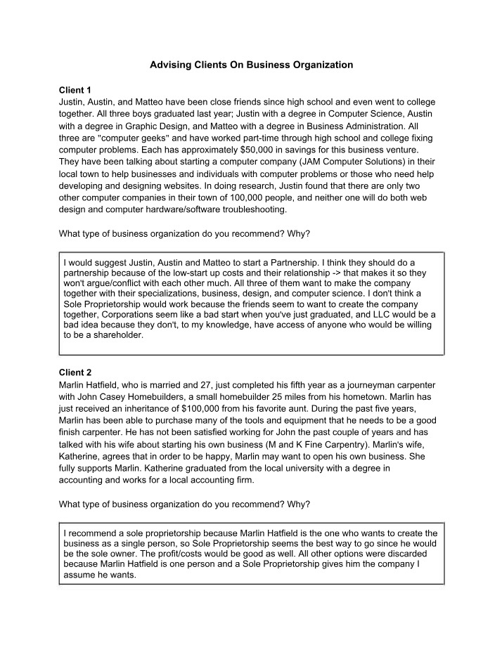 Business Organization - Advising Clients