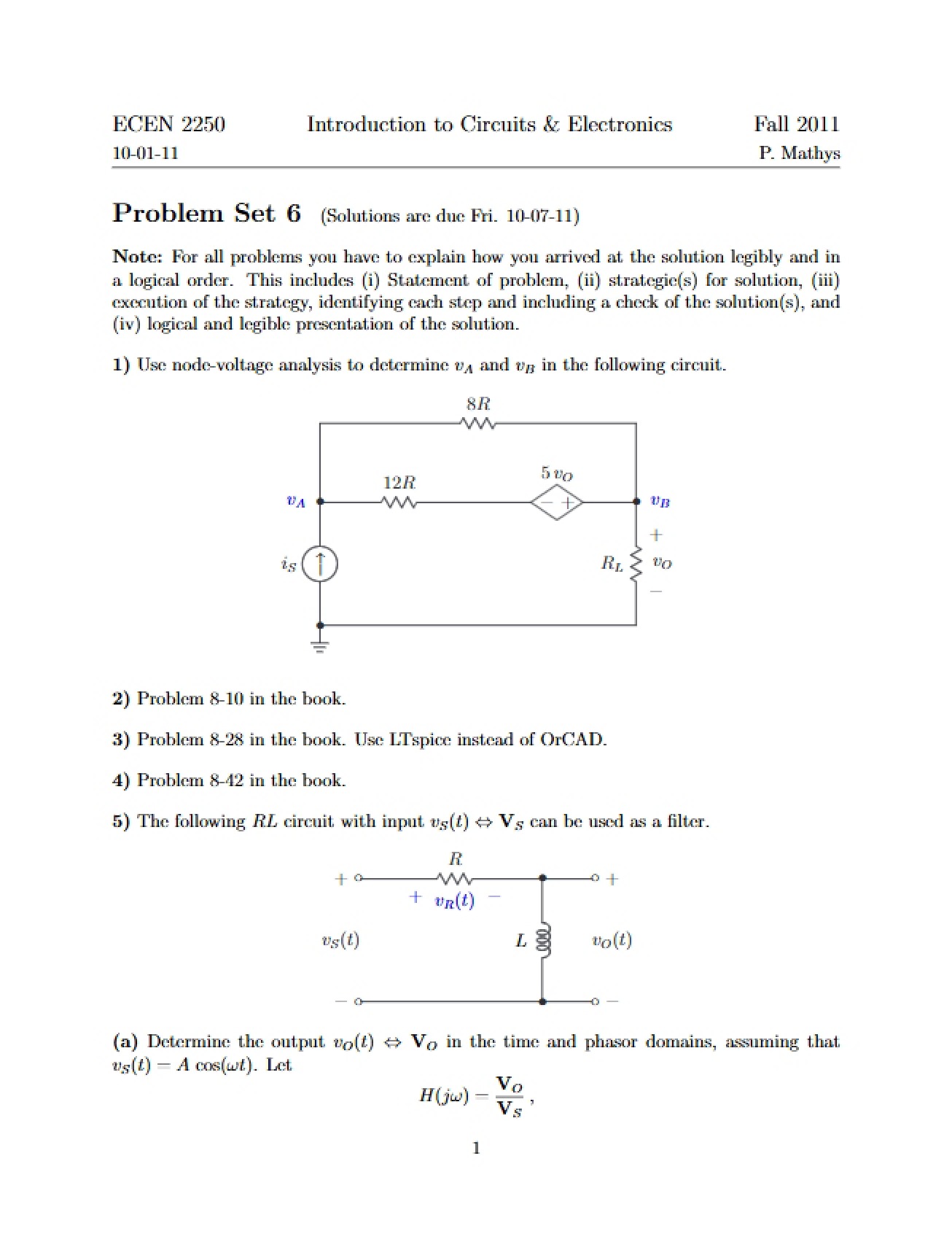 Sixth Problem Set for Introduction to Circuits and Electronics