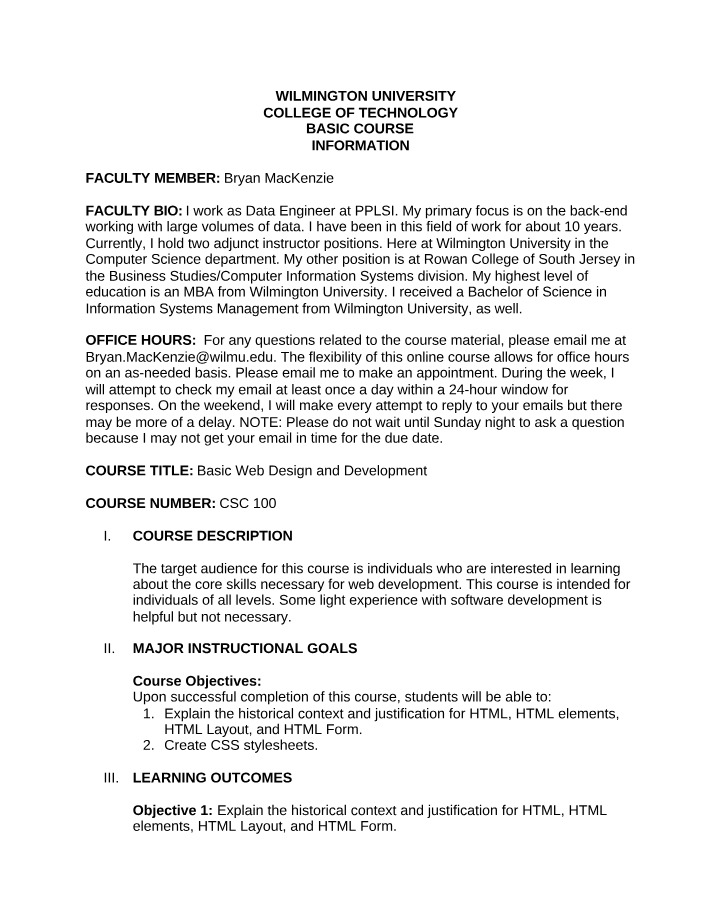 CSC 100 - Course Syllabus