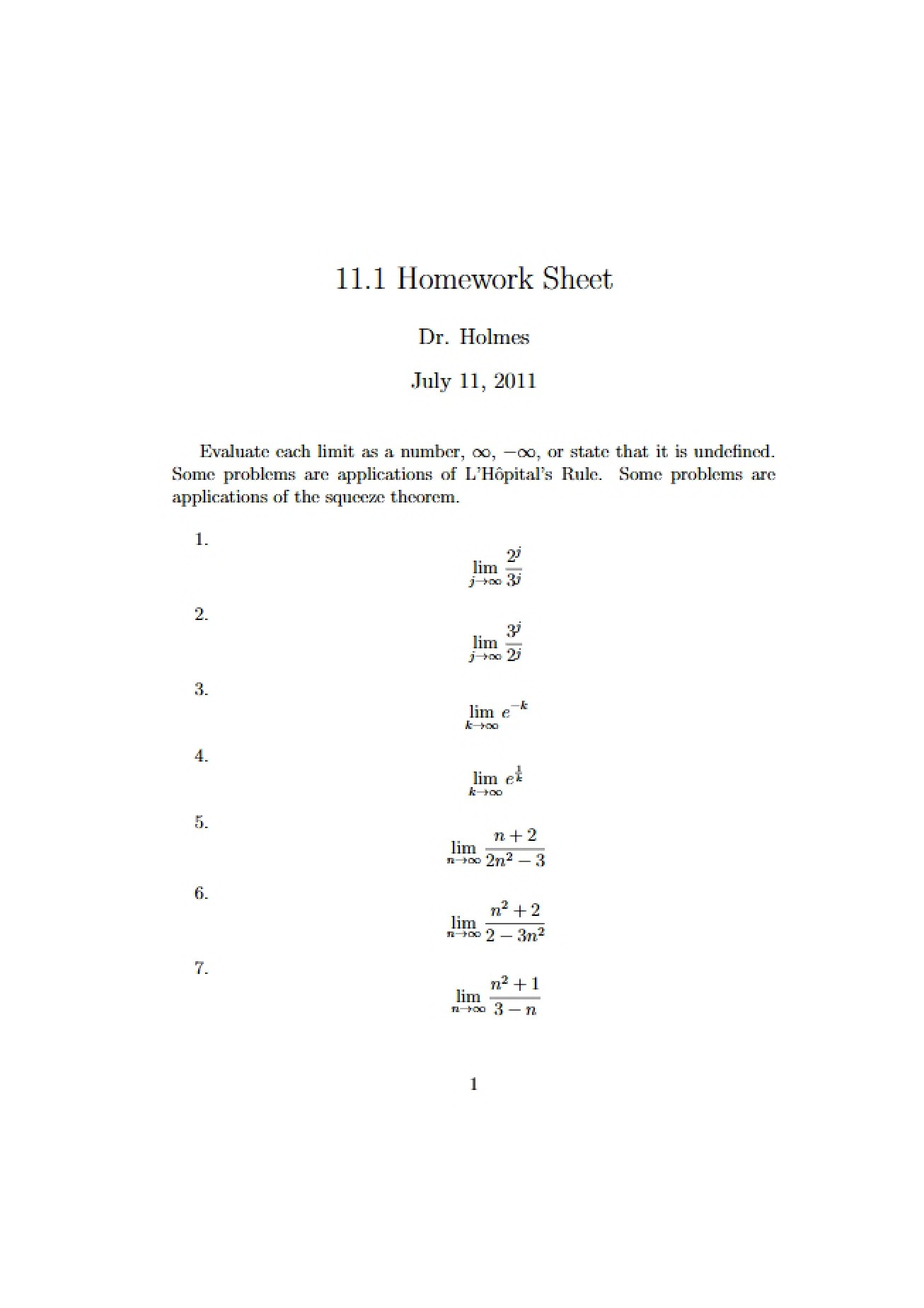 Homework Sheet for Calculus II
