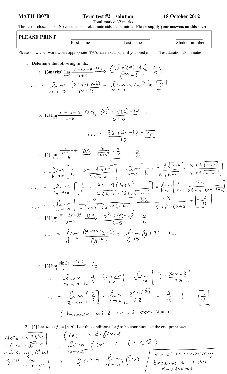 Term Test 2 Solution for MATH 1007B