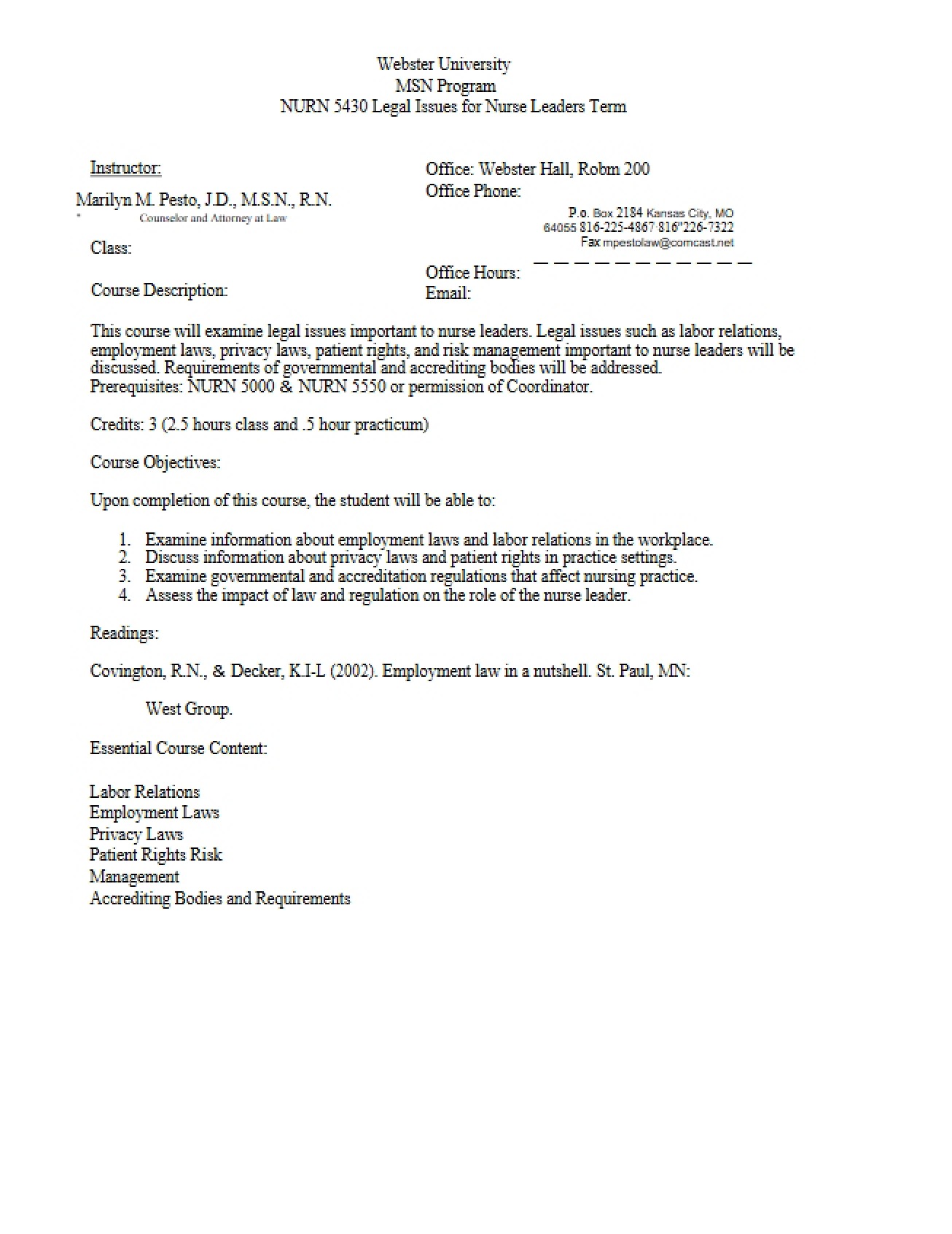 Term Paper Legal Issues for Nurse Leaders