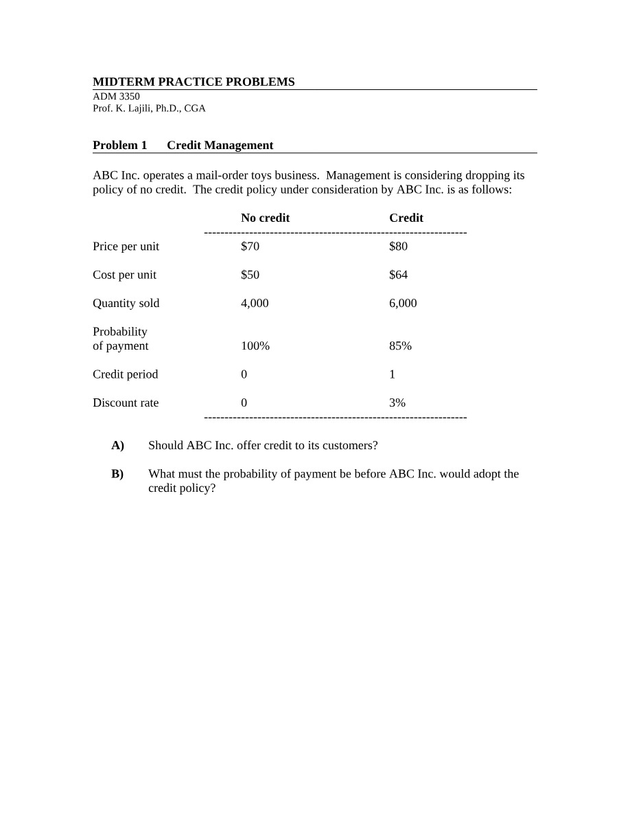 ADM 3350 Midterm Practice Problems Set A