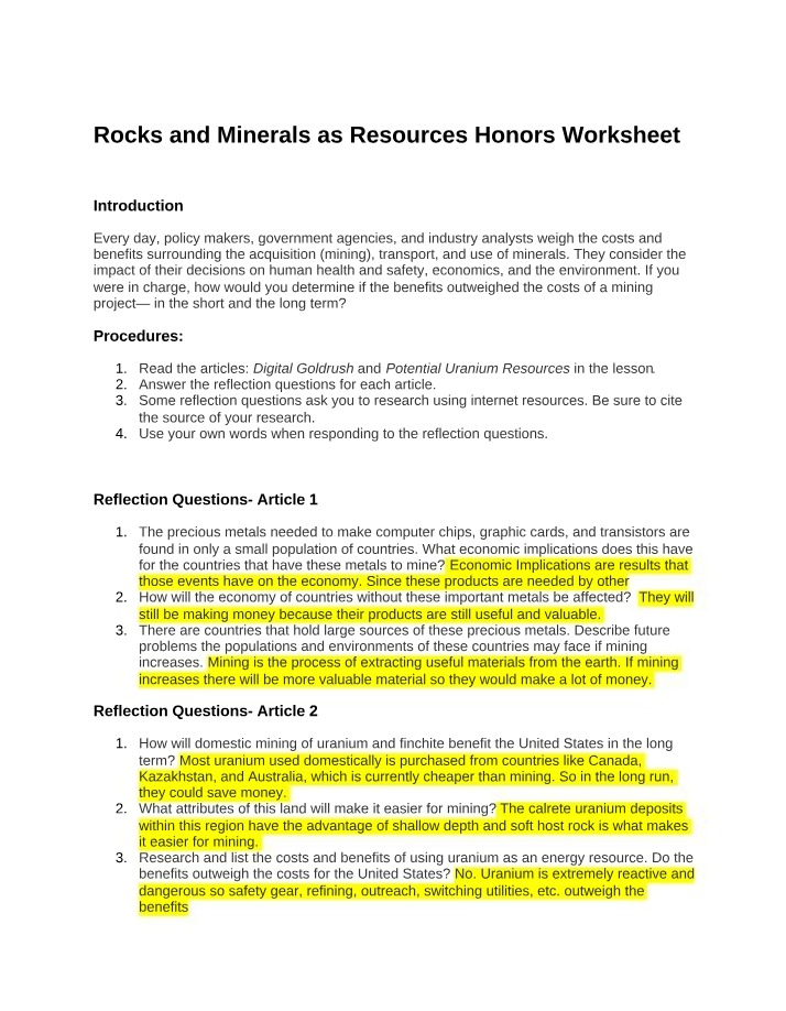 Worksheet - Rocks and Minerals as Resources