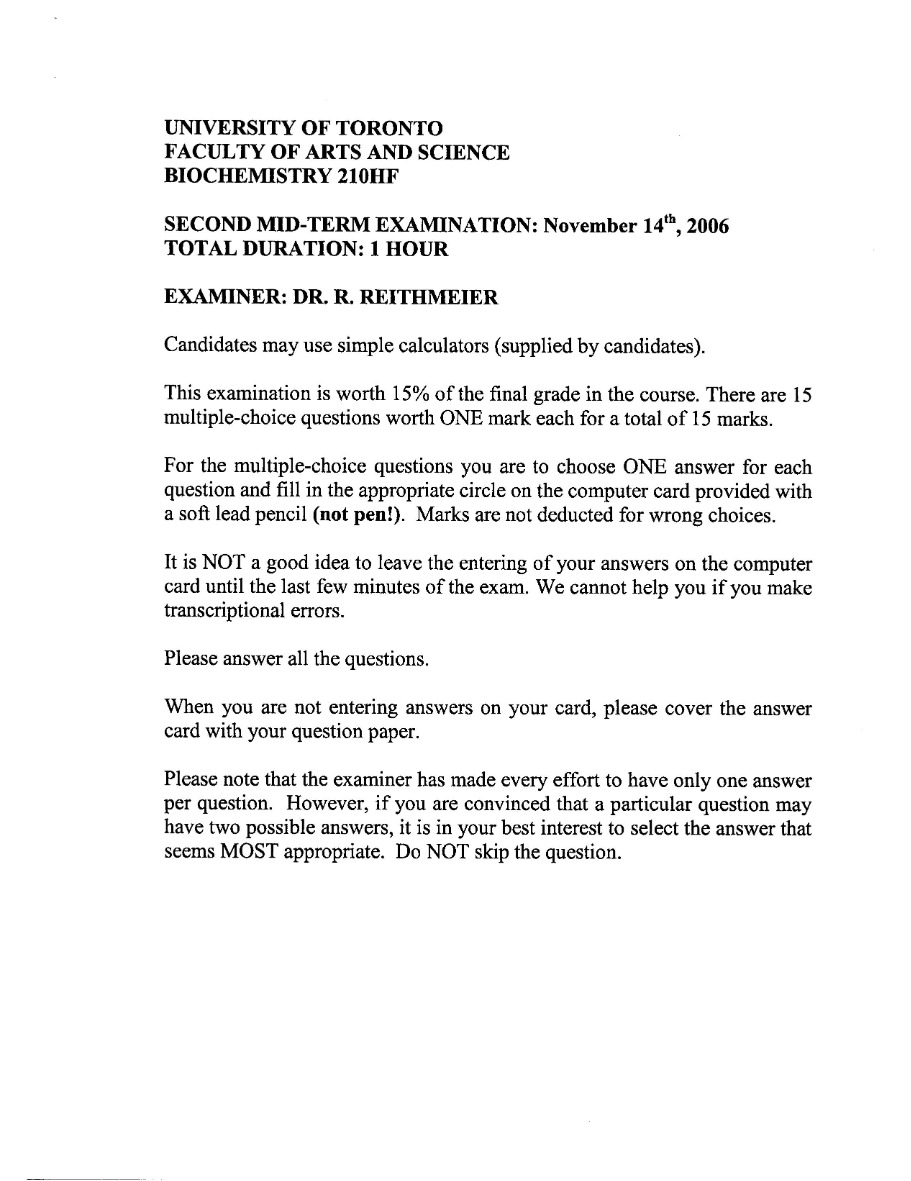 Biochemistry 210 Mid-term Exam