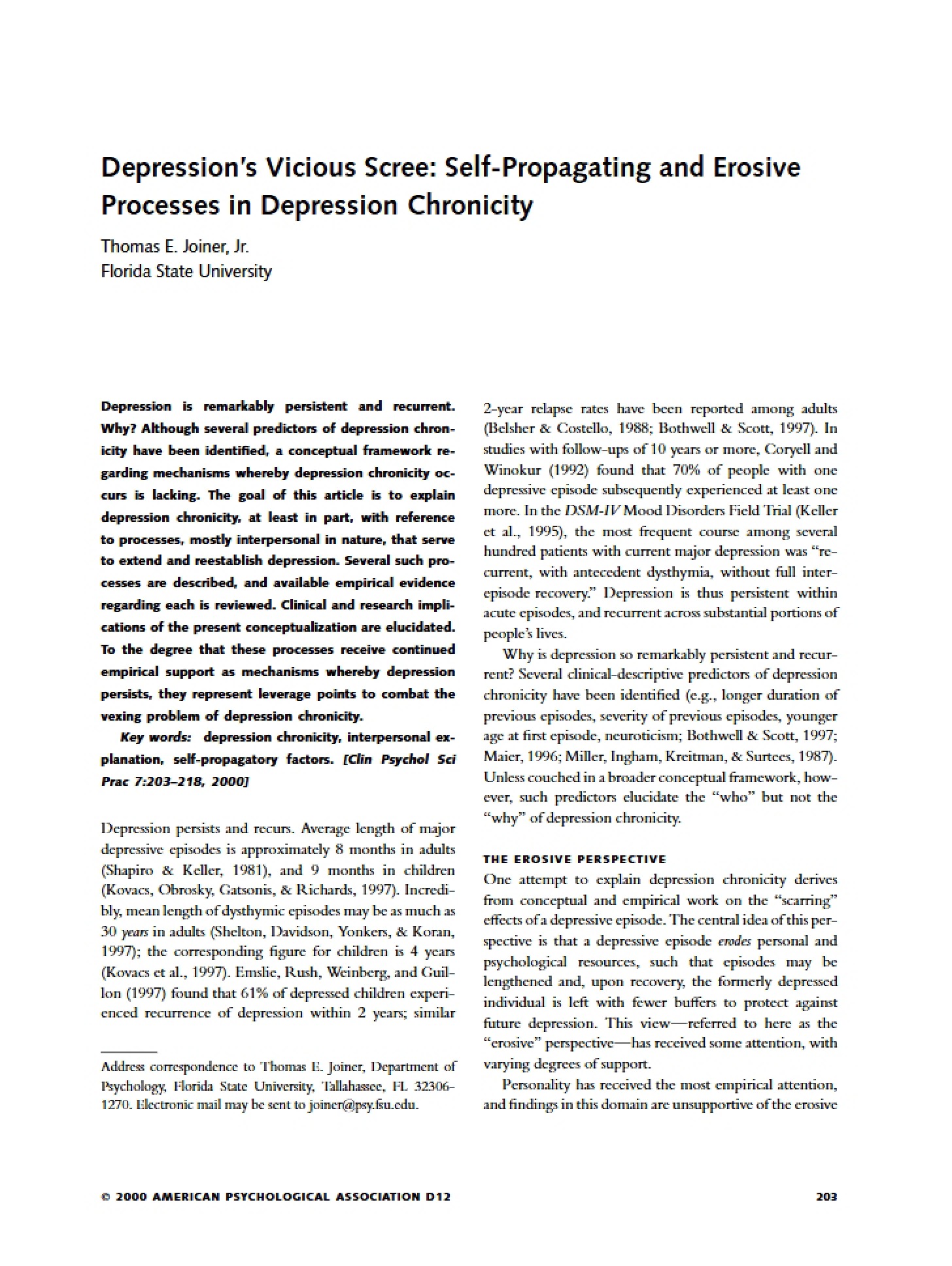 Depression's Vicious Cycle (Joiner 2000)