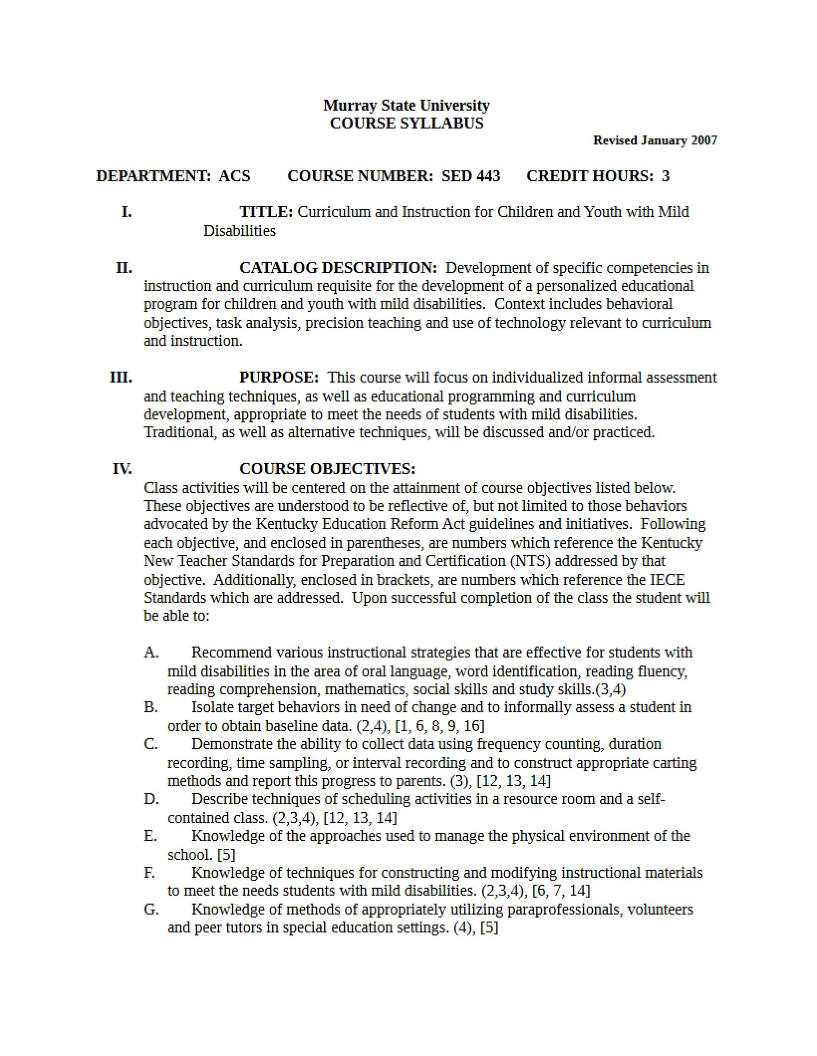 Syllabus - Curriculum and Instruction for Children and Youth With Mild Disabilities