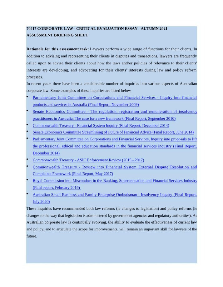 Corporate Law - Critical Evaluation Essay Instructions