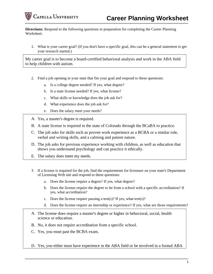Worksheet for Career Planning