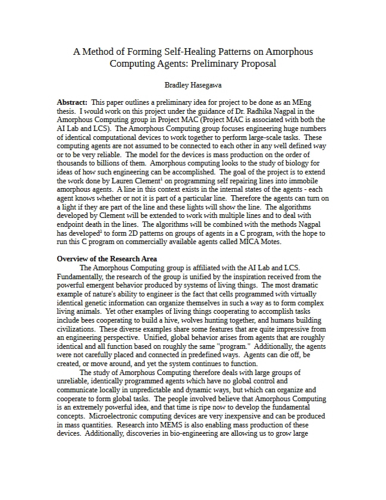 Self-Healing Patterns on Amorphous Computing Agents: Preliminary Proposal