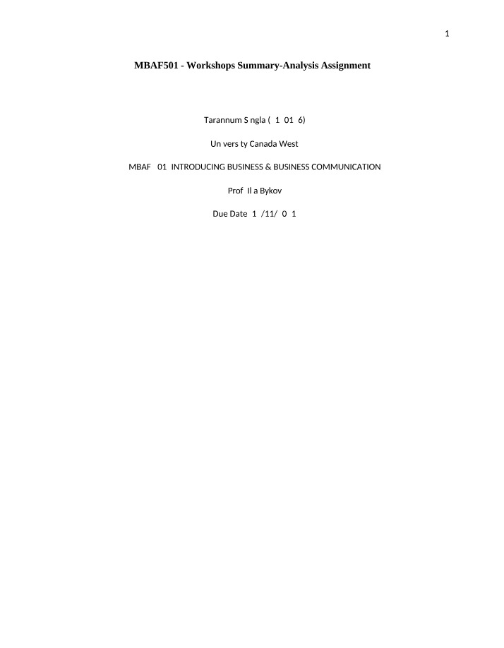 MBAF501 Workshops - Summary and Analysis Assignment