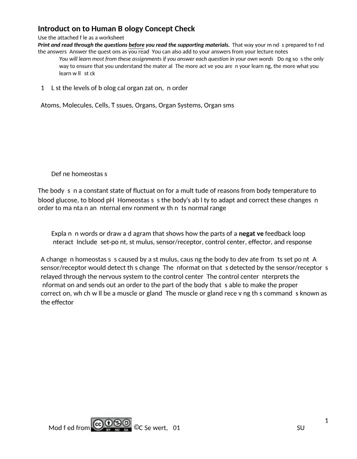 Concept Check - Introduction to Human Biology