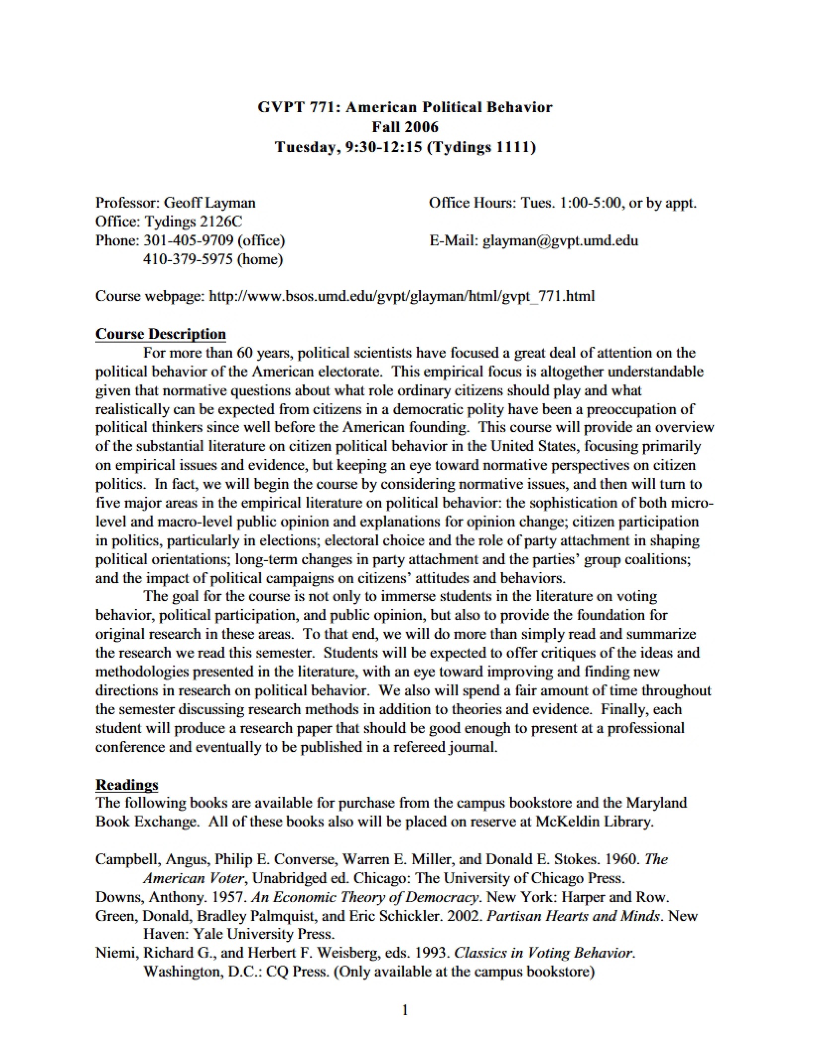 Political Behavior Seminar Syllabus