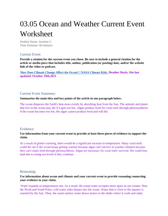 03.05 Current Event Worksheet - Ocean and Weather