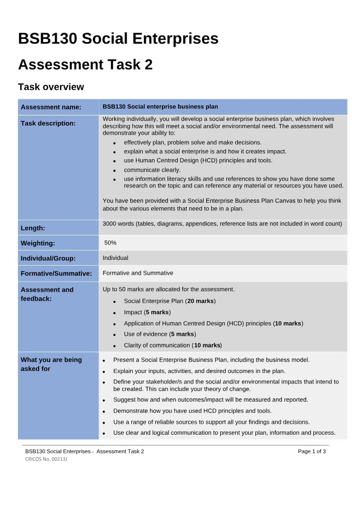 Assessment Task 2 - BSB130 Social Enterprises