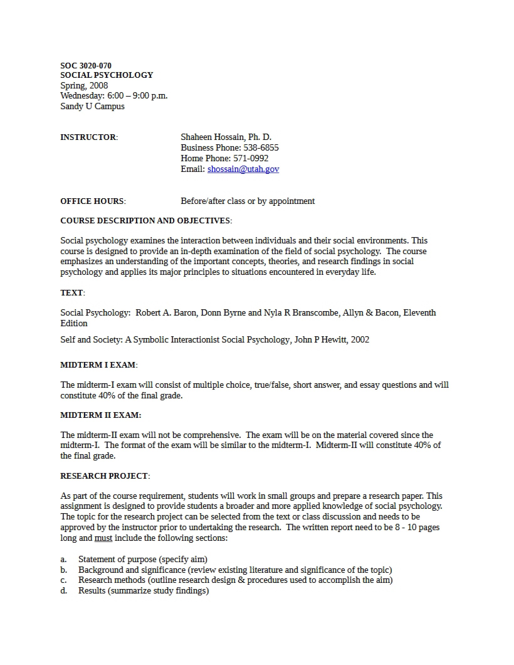 Social Psychology Course Syllabus