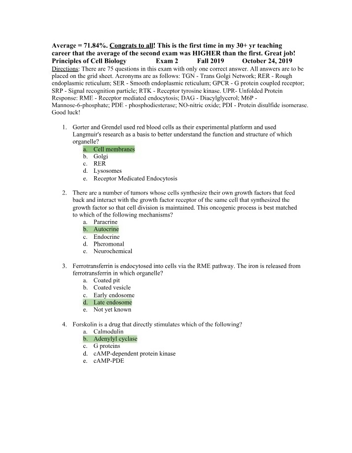 Cell Biology Exam 2 - Structure and Function