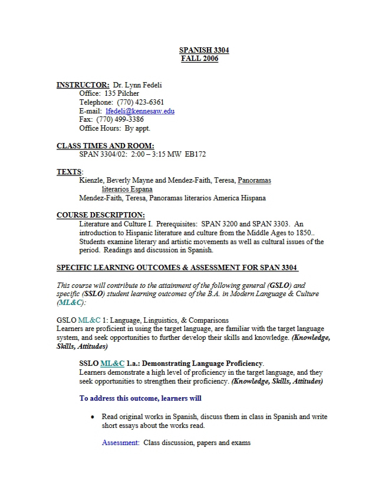 Academic Plan for Literature And Culture I