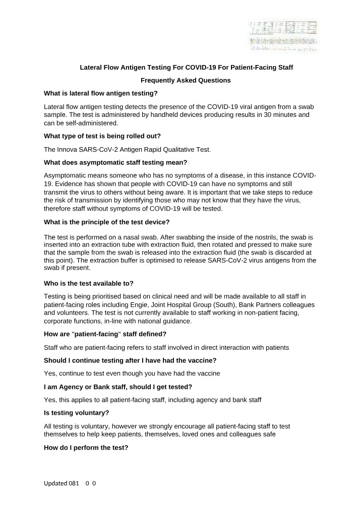 Lateral Flow Antigen Testing for COVID-19 - FAQs
