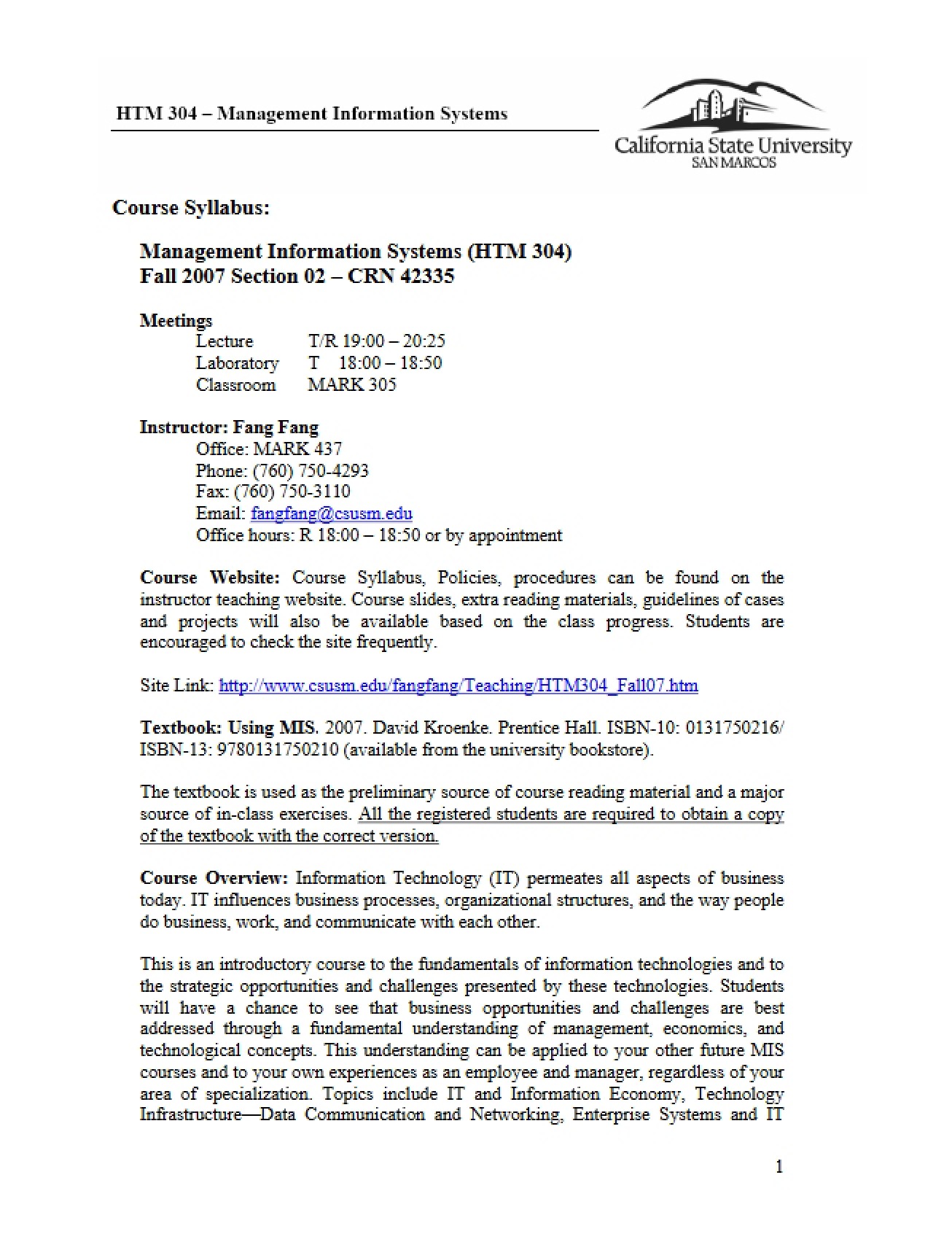 Syllabus for Management Information Systems